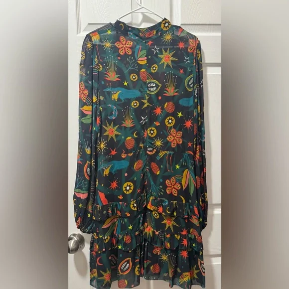 FARM Rio Dark Green Long-Sleeve Tiered Dress with Red, Yellow and Teal Motif - Picture 6 of 9